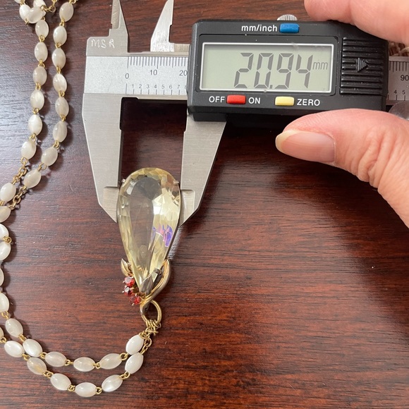 Huge lemon crystal genuine garnet gold tone pendant white opalescent chain - Picture 11 of 11